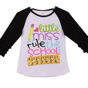 Little Girls Kids Little Miss Rule School Raglan Ruffle Shirt Top Tee T-Shirt 3T